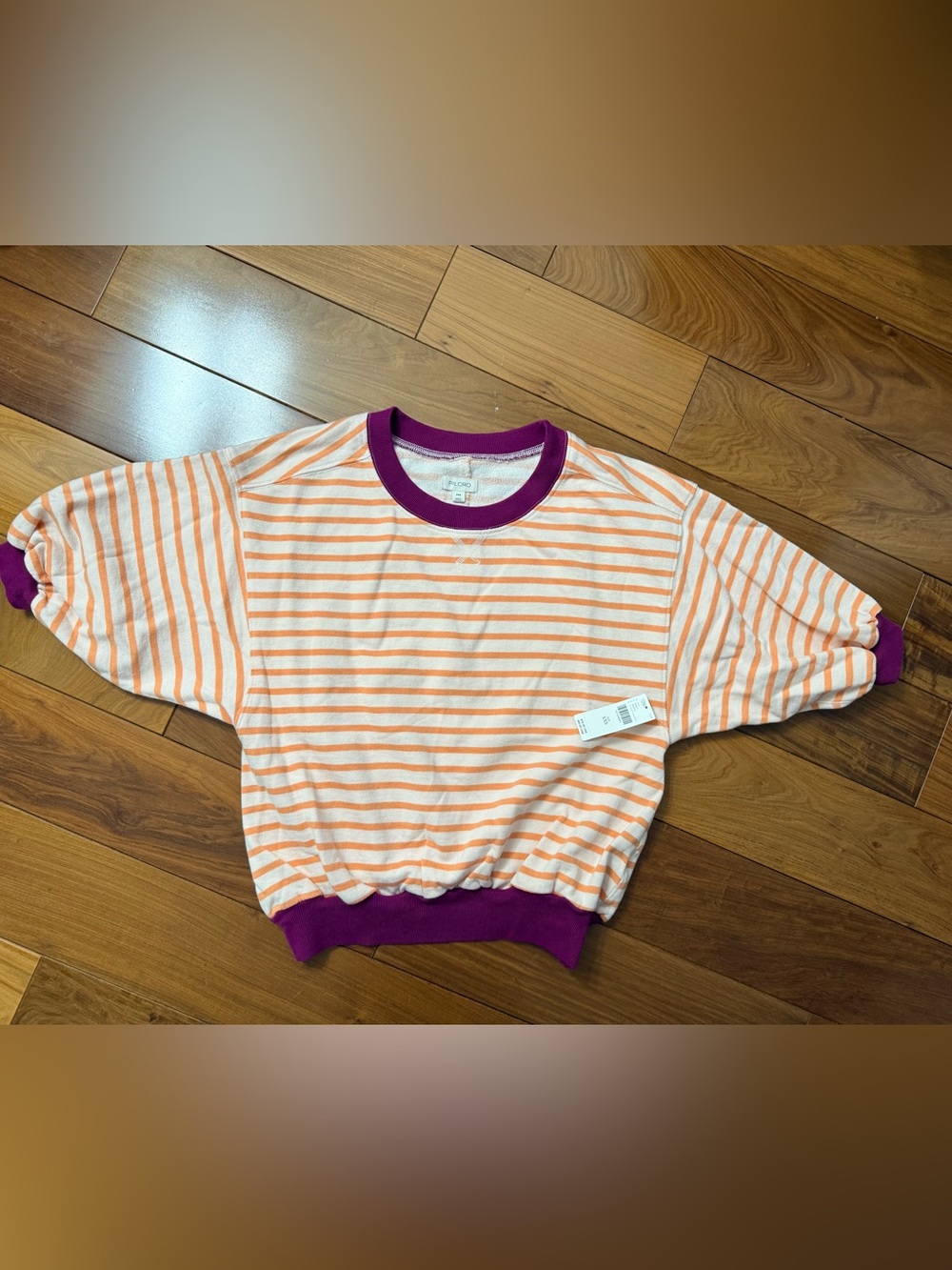 Anthropologie Orange & White Striped Kids Tee with Purple Trim